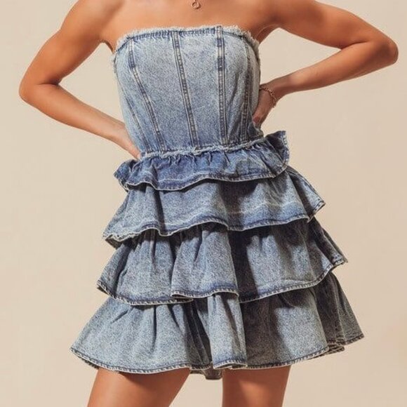 Forever 21 Blue Denim Tiered Ruffle Mini Dress - Picture 1 of 2